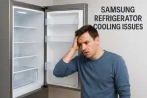 Samsung refrigerator with common problems like cooling, leaking, and ice maker issues.